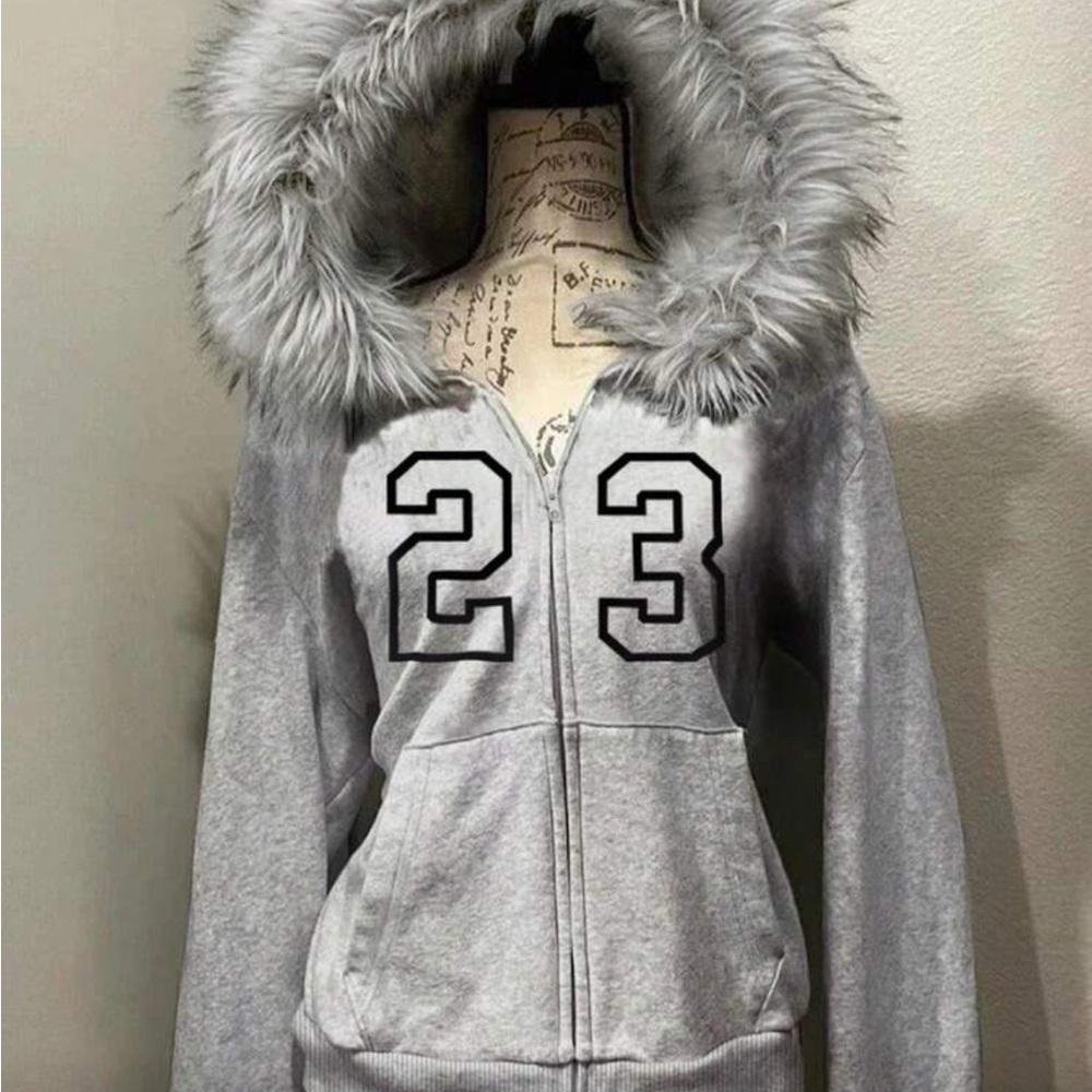 Gray Faux Fur Hooded Women's Jacket